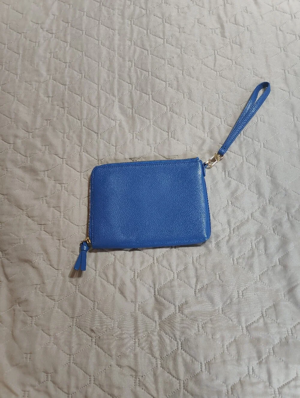 Tory Burch Blue Pebble Leather L-Zip Wristlet Wallet